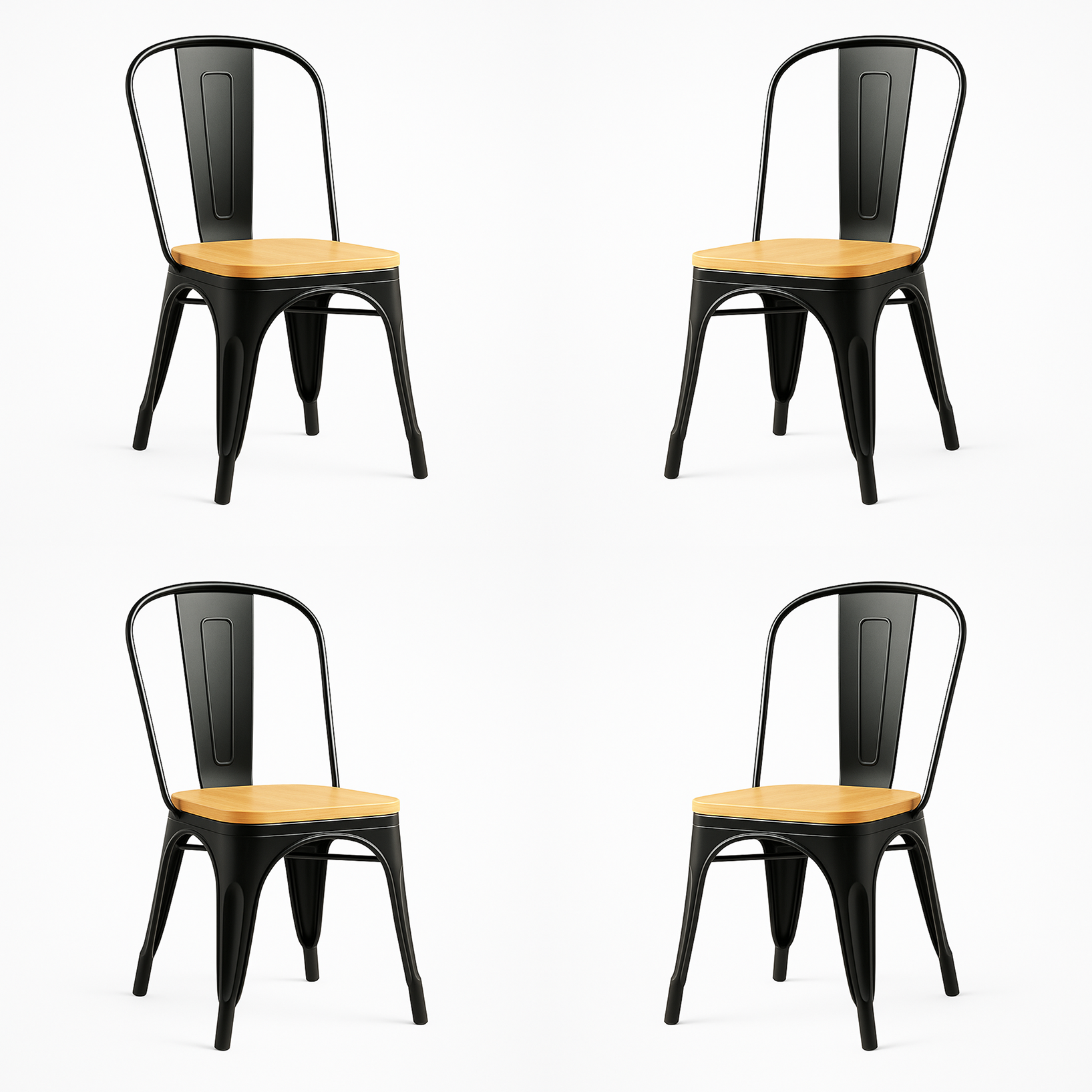 Pack 4 Sillas Tolix Madera Clara Negra | Diseño Industrial Moderno para Comedor y Terraza