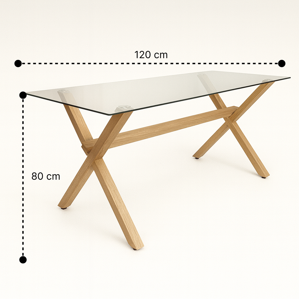 Mesa de Vidrio Cross | Mesa de Comedor Moderna con Patas Madera