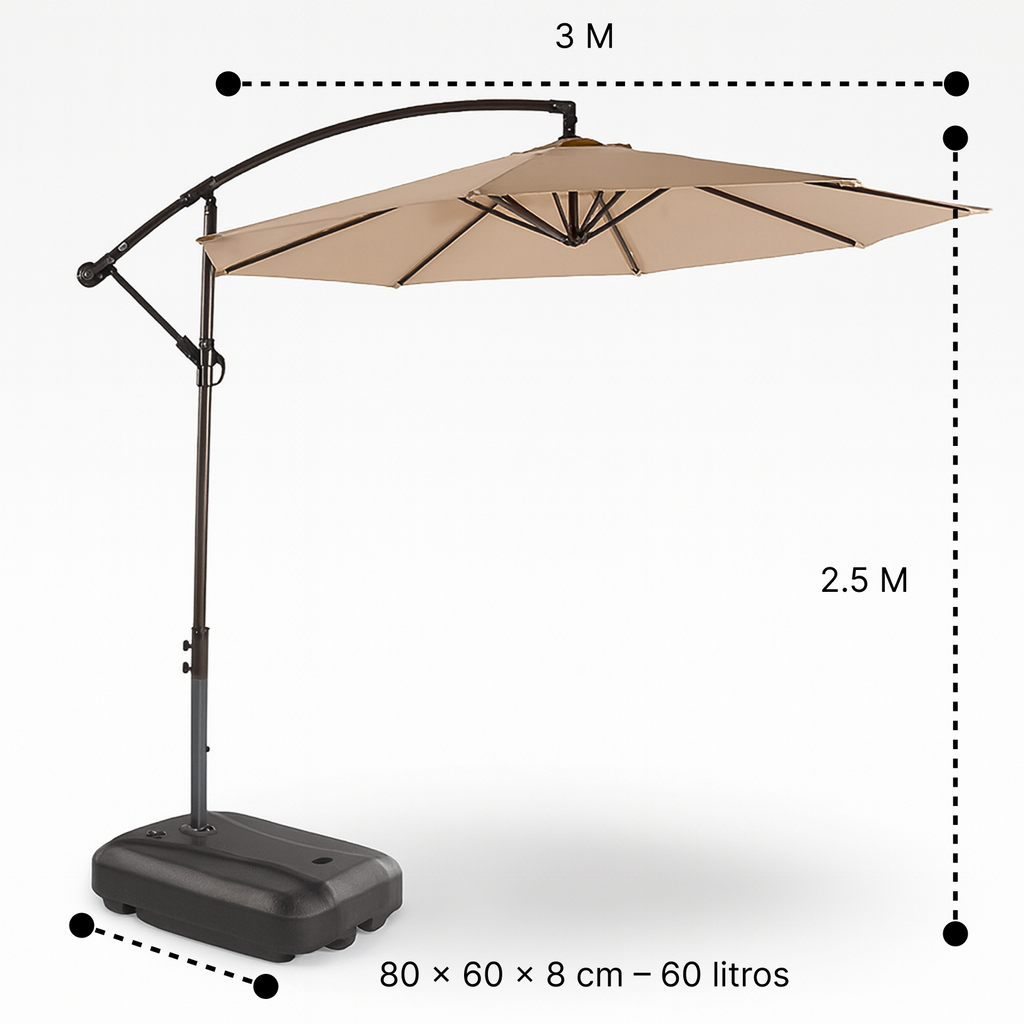 Quitasol Lateral 3 Metros + Base 60L | Sombra UV y Estabilidad Café