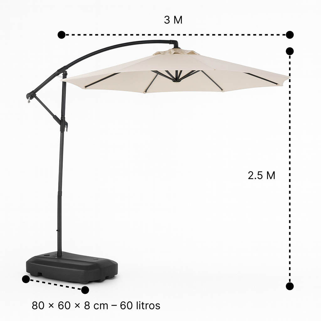 Quitasol Lateral 3 Metros + Base 60L | Sombra UV y Estabilidad Beige