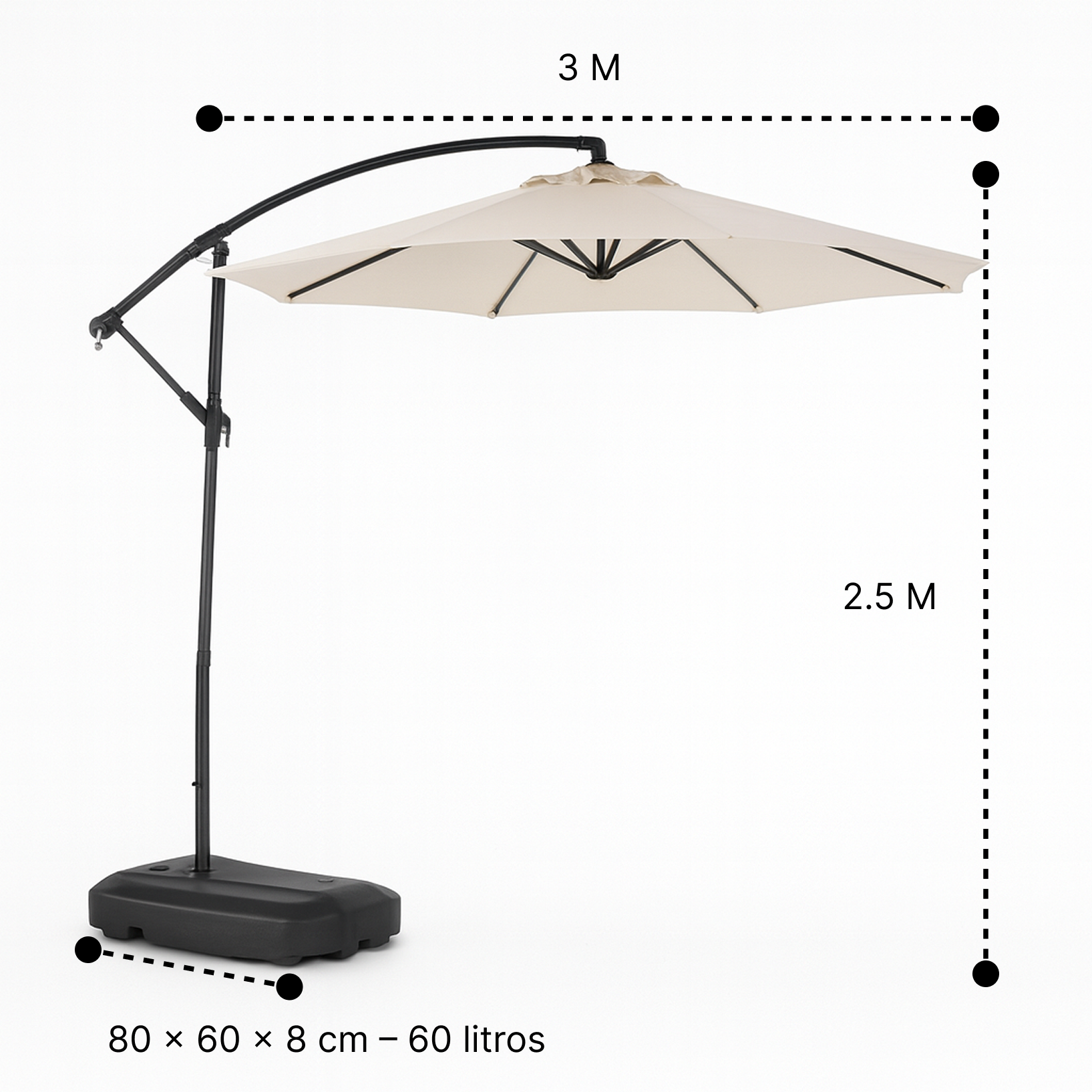 Quitasol Lateral 3 Metros + Base 60L | Sombra UV y Estabilidad Beige