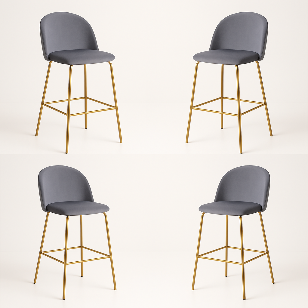 Pack 4 Taburetes Deluxe Gold Gris | patas doradas en metal + felpa