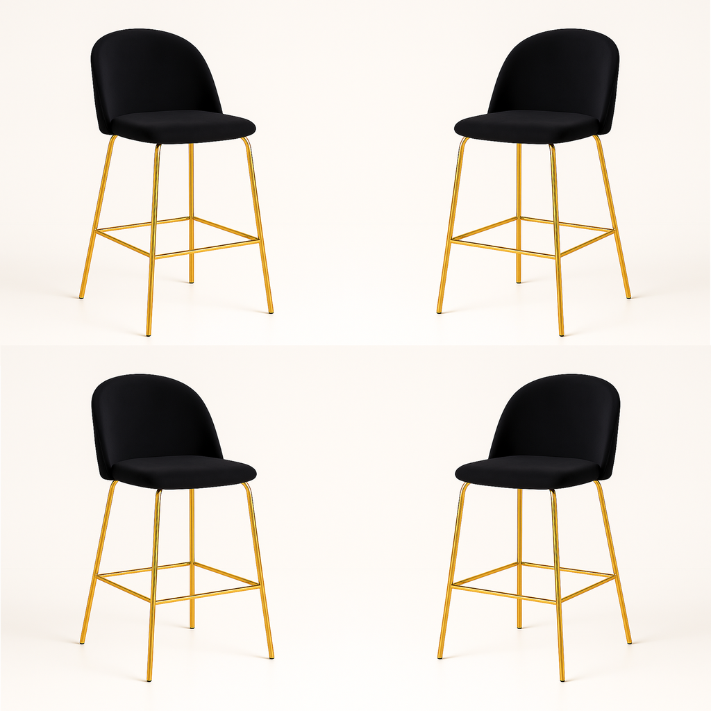 Pack 4 Taburetes Deluxe Gold Negro | patas doradas en metal + felpa