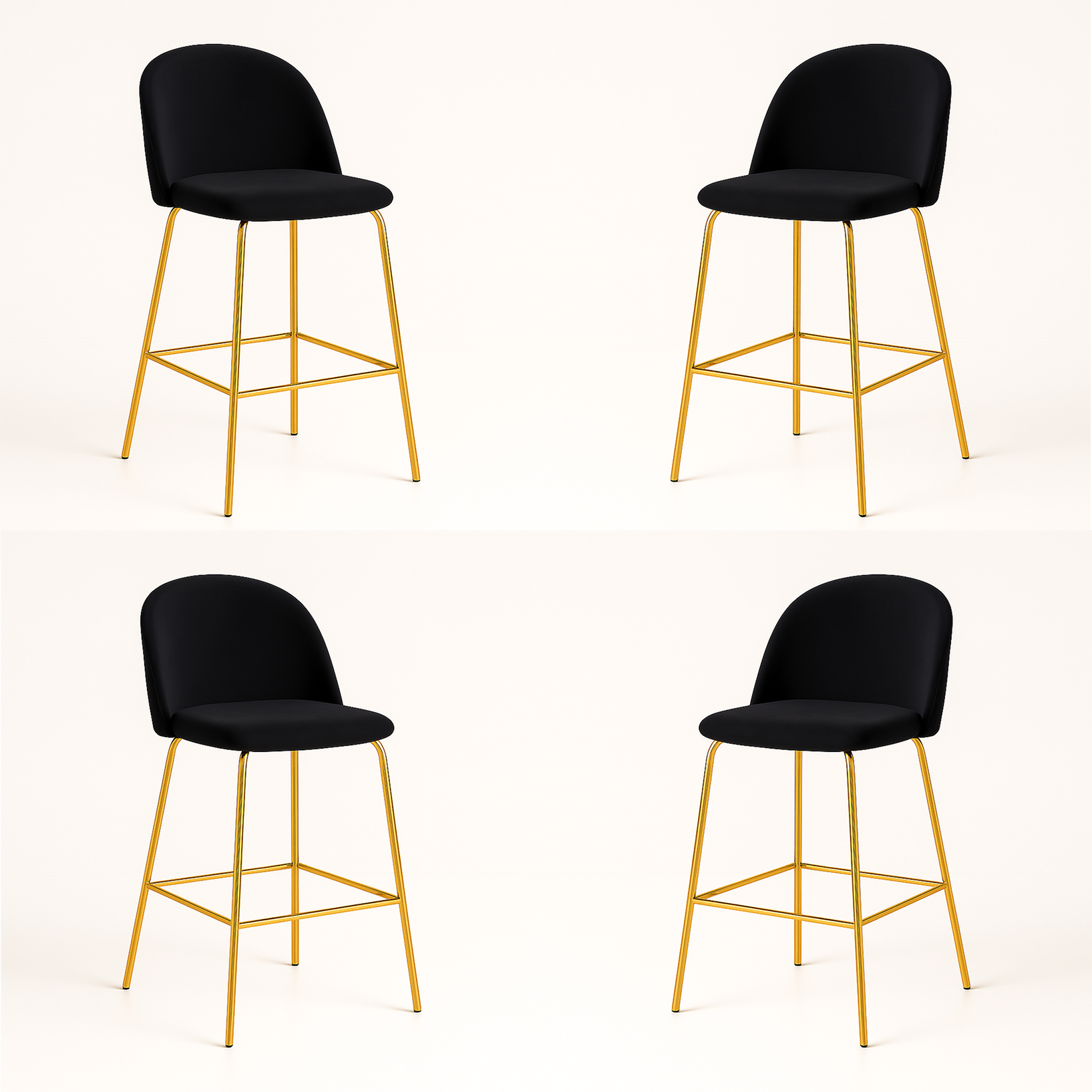 Pack 4 Taburetes Deluxe Gold Negro | patas doradas en metal + felpa