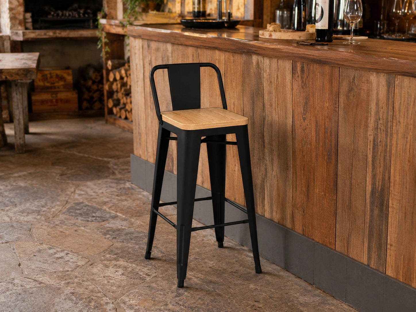 Taburete Tolix | Asiento de Madera Negro